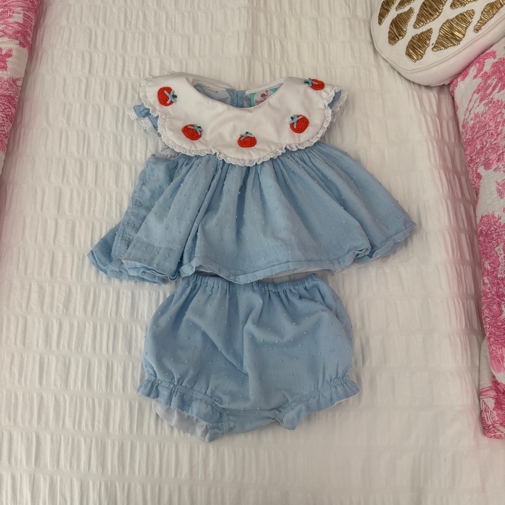 Blue Baby Smock Outfit with Pumpkin Embroidered Collar